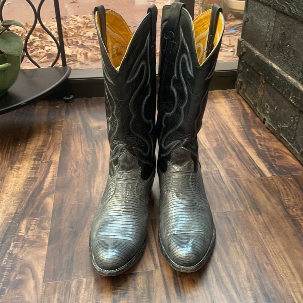 Nocona Gray Cowboy Western Boots Gray Teju Lizard & Leather Men's size 8.5 EE - Picture 1 of 15